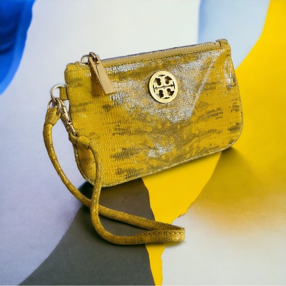 TORY BURCH NEW (lizard?)LEATHER ZIP WRISTLET BAG YELLOW CARSON Mother’s Day gift - Picture 1 of 6
